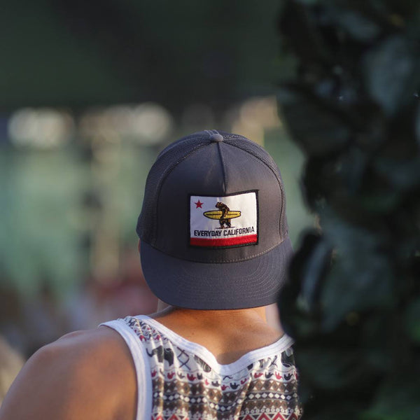 Everyday California Flag Snapback hat with Surfer bear Brutus charcoal