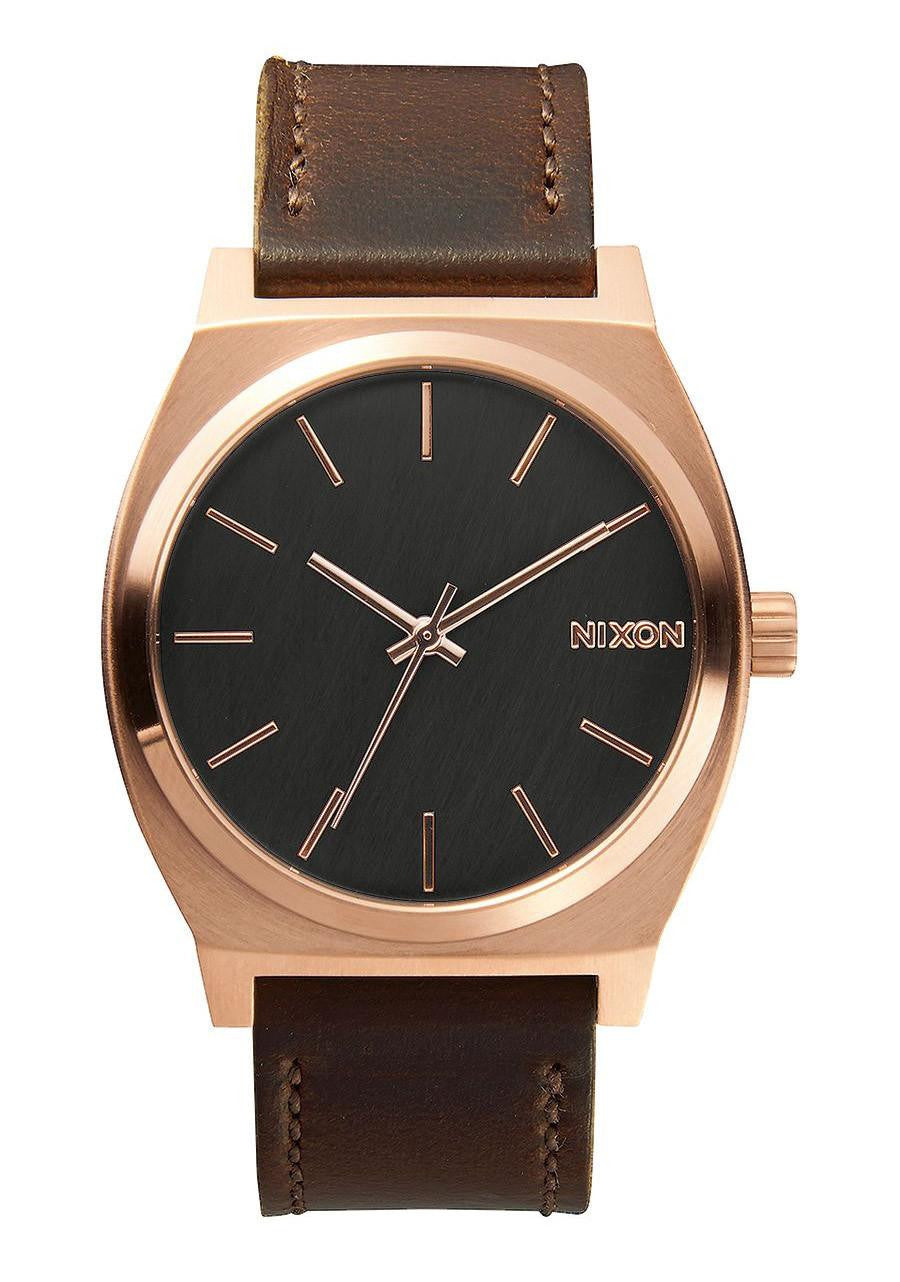 Watches - Nixon The Time Teller Rose Gold / Gunmetal/ Brown Leather Band Watch